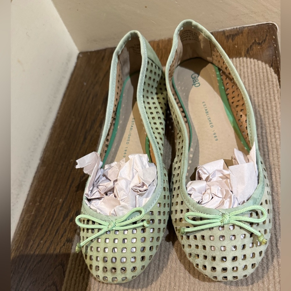 Pale Green Perforated Ballet Flats with Bow